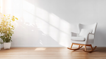 Empty nursery in soft neutral tones with a single rocking chair and a vibrant plant illuminated by natural light