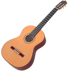 Obraz premium A classical guitar with a wooden body and intricate design, used for music and artistic expression.