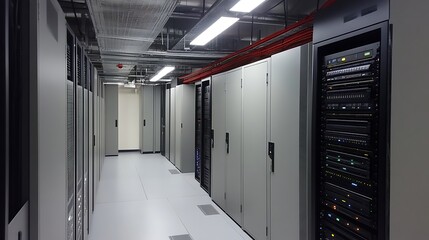 Rows of server racks in a modern data center.