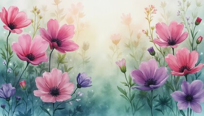 Obraz premium This enchanting image showcases a vibrant array of pink and purple flowers, gracefully swaying amidst a soft, ethereal background. The delicate petals and lush greenery create a serene atmosphere