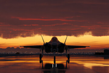 Fototapeta premium A military jet on a runway at sunset, reflecting the colorful sky and lights.