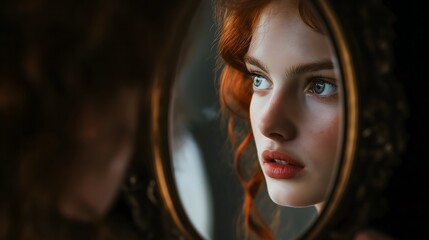 Redhead woman looking in antique mirror.