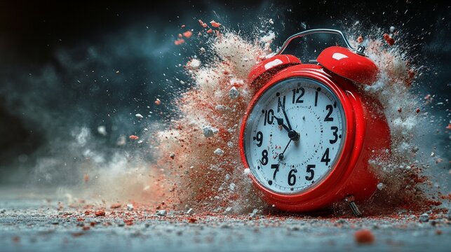 Exploding red alarm clock symbolizing time pressure


