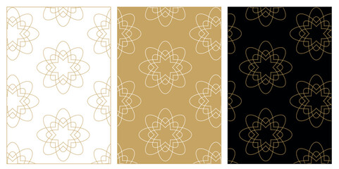 Set of patterns with crosses, stripes, lines. Seamless vector background. White, gold and black ornament. Modern reticulated graphic design.