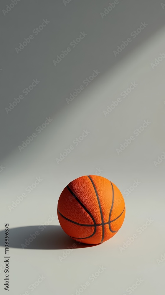 Poster Orange basketball ball casting a shadow on grey surface with diagonal light beam creating a minimalist sports background