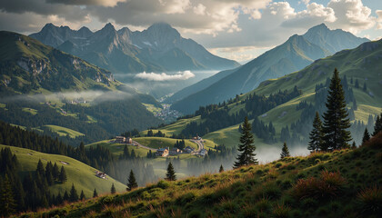 Breathtaking mountain valley view with rolling hills, mist, and scenic villages