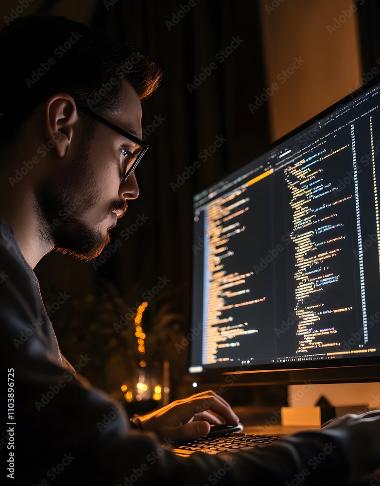 Poster a focused individual coding at a computer screen in a dimly lit room.