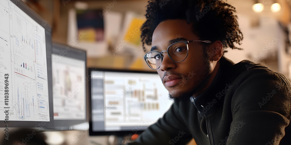 Poster a focused individual analyzing data on multiple computer screens in an office setting.
