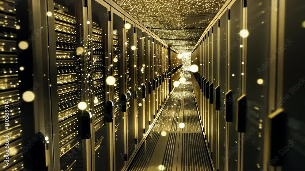 Poster futuristic data center showcasing glowing servers and vibrant lights, emphasizing advanced technolog