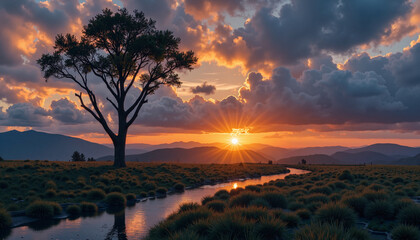 Naklejka premium Stunning sunset over a tranquil stream with a lone tree and vibrant clouds