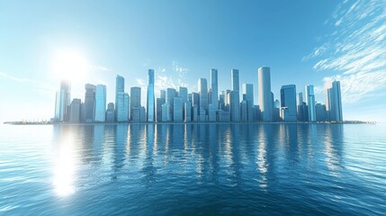 Fototapeta premium a Waterfront Downtown City Skyline with tall and short buildings, with a blue sky above it, day time, with sun glaring, full shot, high angle, ultra-realistic lighting, ultra high resolution, ultra de