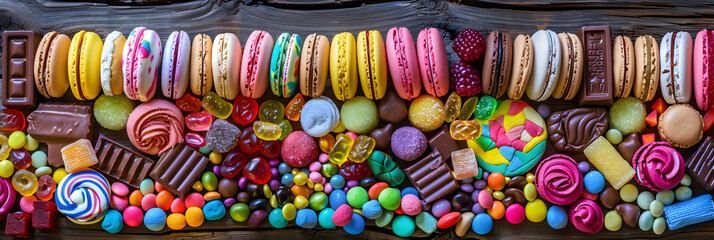 Obraz premium Colorful Assortment of Sweets and Candies on Rustic Wooden Table
