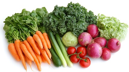 Fresh, vibrant vegetables: carrots, spinach, kale, cucumbers, radishes, and tomatoes.