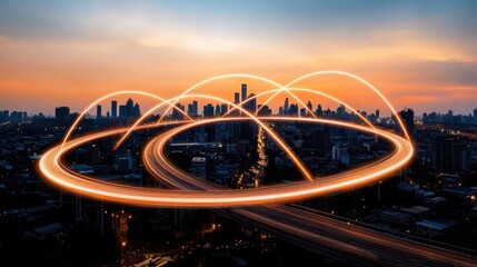 Aerial view of smart factories in a city, linked by dynamic holographic lines for seamless communication