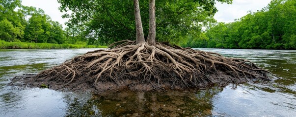 environmental consideration conservation nature concept. Roots of trees emerge from water in a serene natural setting.