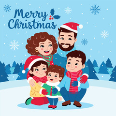 Fototapeta premium Merry Christmas, family with children, Christmas card, Family Christmas celebration, Joyful holiday family portrait, snowy background