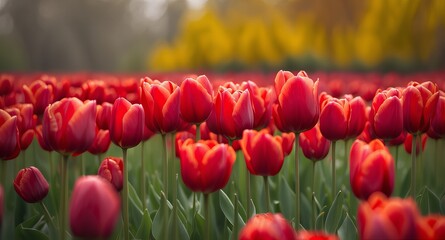 Fototapeta premium Field of red tulip flowers blooming in natural light