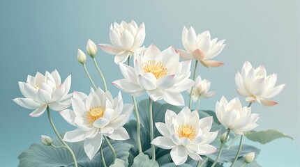 Botanical print featuring white lotus flowers, garden, harmony, ornamental