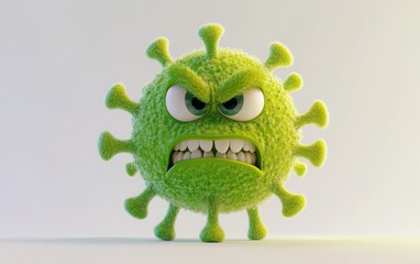A 3D green, cute, and funny cartoon virus with an angry expression, set on a white background. 