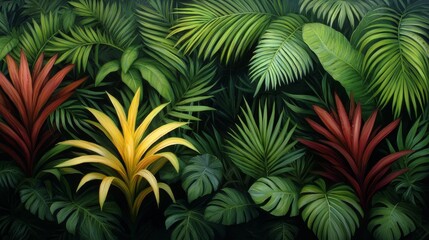 Lush Photorealistic Bromeliads Surrounded by Tropical Foliage in Vibrant Colors