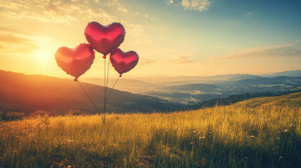 Fototapeta premium A serene landscape with heart-shaped balloons at sunset, symbolizing love and joy.