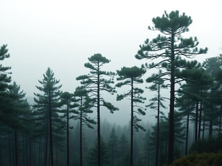 Obraz premium Misty forest landscape with tall pine trees and rolling hills in the background, tree lined hillside, tall pine trees