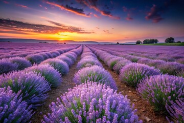 Obraz premium Tranquil Lavender Field at Dusk with Gentle Breeze and Clear Blue Sky, Capturing the Serenity of Nature and the Delicate Beauty of Purple Blooms in Low Light Photography