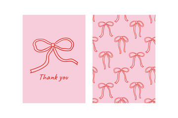 Set of minimalist greeting cards with quirky hand drawn bow. Vector illustration and pattern with outline ribbons. Coquette vintage aesthetic