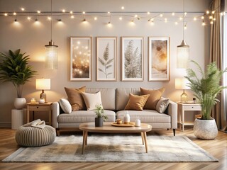 Tranquil Modern Neutral Room with Framed Art, Soft Lighting and Bokeh Effect for Stylish Interior Design Inspiration and Home Décor Ideas
