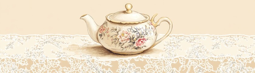 A decorative teapot on a lace tablecloth, evoking a vintage tea setting.