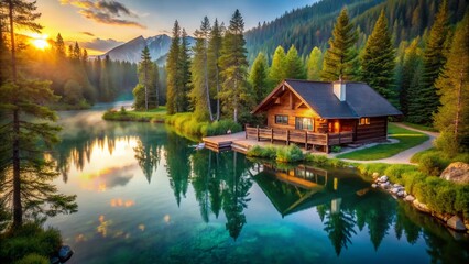 Fototapeta premium Tranquil Reflections: A Cozy Log Cabin Nestled by a Serene Lakeside, Embraced by Whispering Woods in a Drone Photography Perspective