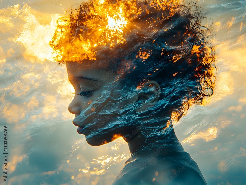 Poster portrait of a dreamy child surrounded by waves and fiery clouds, capturing the essence of imaginatio
