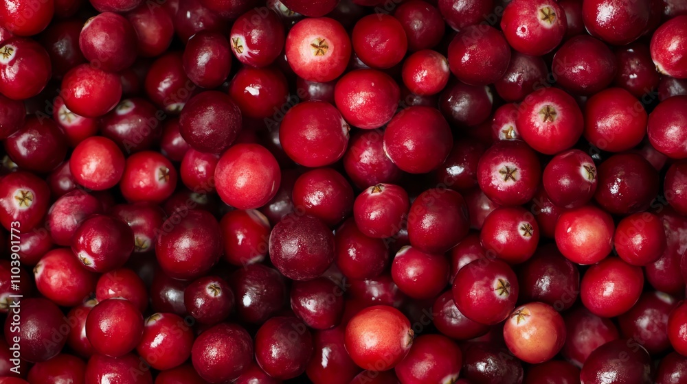 Wall mural A vibrant collection of fresh red cranberries stacked closely together, showcasing their rich color and glossy texture.