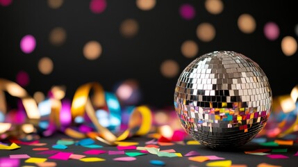 Shimmering disco ball surrounded by vibrant confetti and streamers against a deep black background capturing New Year’s Eve celebrations 