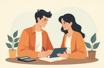 Fototapeta premium Illustration of a happy couple discussing their savings and investments. Planning for investing money.