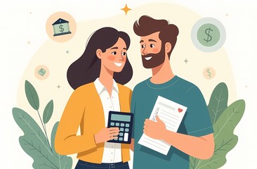 Minimalistic vector illustration of a couple who agrees on financial plans. Brunette woman with a calculator, a man with a beard with documents. Dollar and bank signs. For an illustration about happy