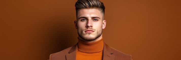 Portrait of a fashionable young man in chic attire against a brown backdrop; earth tones suggested 