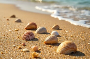 Seashells on sand near water