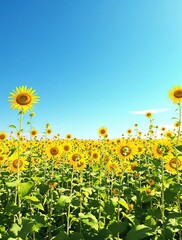 Fototapeta premium Sunflower field with tall stalks and bright yellow blooms against a clear blue sky, landscape, field, mobile wallpaper, phone wallpaper
