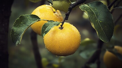 Close-up of vibrant yellow fruit hanging from a tree, glistening with dew, surrounded by lush green leaves in a natural setting.
