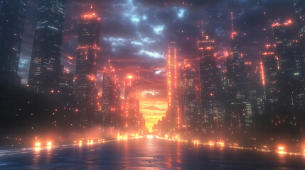 Cityscape at dusk with glowing lights and dramatic sky in a futuristic setting filled with skyscrapers and reflections. Generative AI