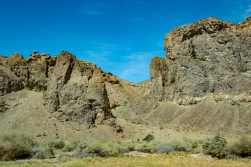 Rocky mountains at steppe patagonia landscape, chubut, argentina