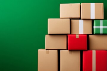 Cardboard boxes stacked high from deliveries; Christmas gift excess Colors: brown, red, green, white 