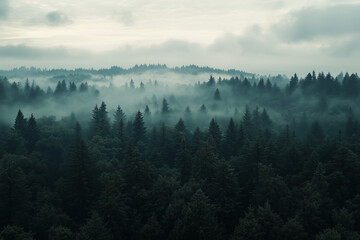 Landscape view of deep dark wood forest with foggy view in winter, Aerial view of pine tree forest under the cloud.