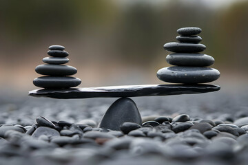 Balanced scale made of dark stones, with small pile of stones on the left and larger pile on the right