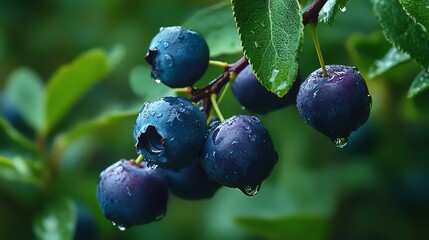 Fresh blueberries glisten with morning dew, nestled among vibrant green leaves, showcasing nature's beauty and health.