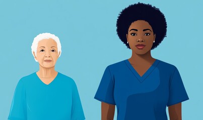 Obraz premium African-American female nurse assisting elderly woman in nursing home, vibrant blues and soothing warm tones 