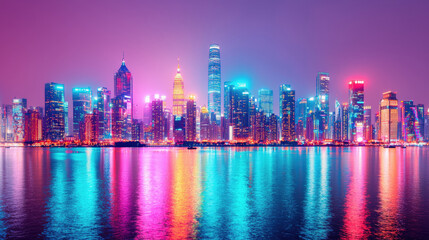 Fototapeta premium Vibrant skyline reflecting in the water during new year's eve celebration