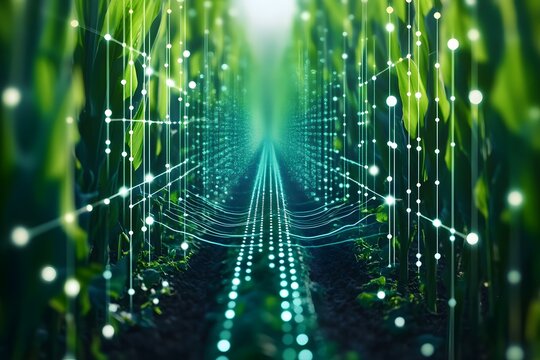 A digital representation of a cornfield with glowing lines, symbolizing technology in agriculture.