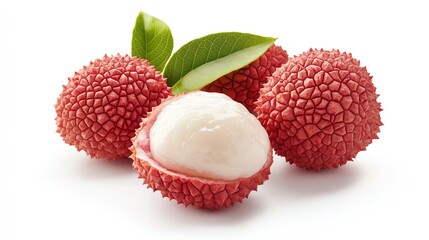 Fresh lychee fruit showcasing vibrant red skin and creamy white flesh, garnished with green leaves, ideal for food photography.